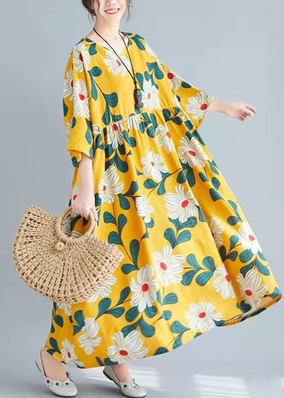 Women o neck tie waist Cotton clothes For Women Pakistani Wardrobes yellow print tunic Dress Summer