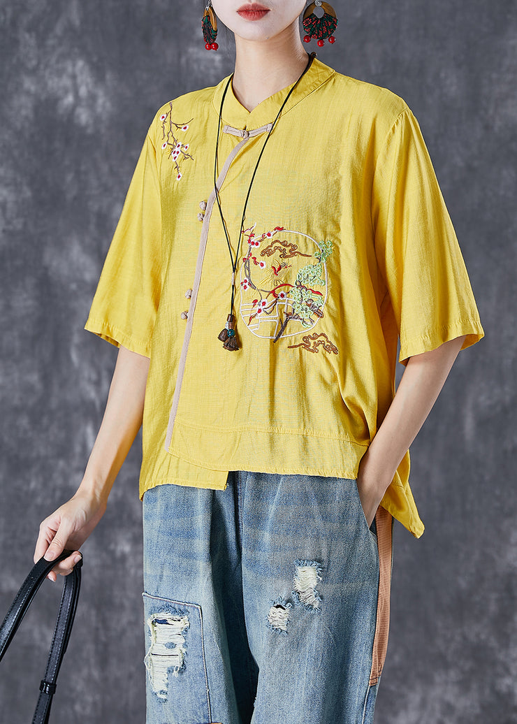 Yellow Asymmetrical Linen Tops Embroidered Chinese Button Summer