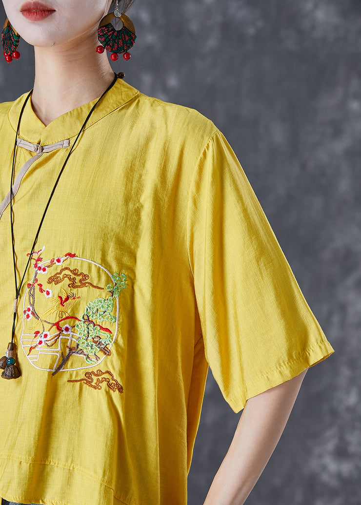 Yellow Asymmetrical Linen Tops Embroidered Chinese Button Summer
