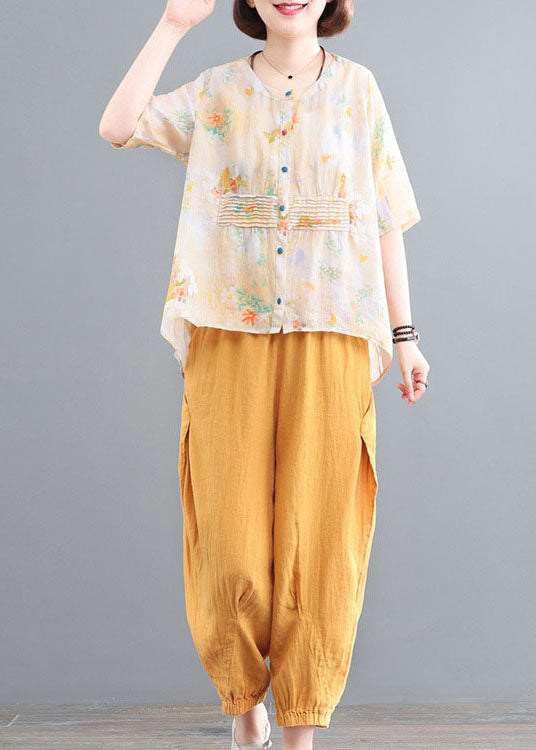 Yellow Baggy Cotton Shirt Top Low High Design Half Sleeve