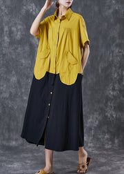 Yellow Black Patchwork Cotton Holiday Dresses Oversized Pockets Summer