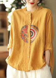 Yellow Button Casual Linen Shirt Tops Stand Collar Long Sleeve