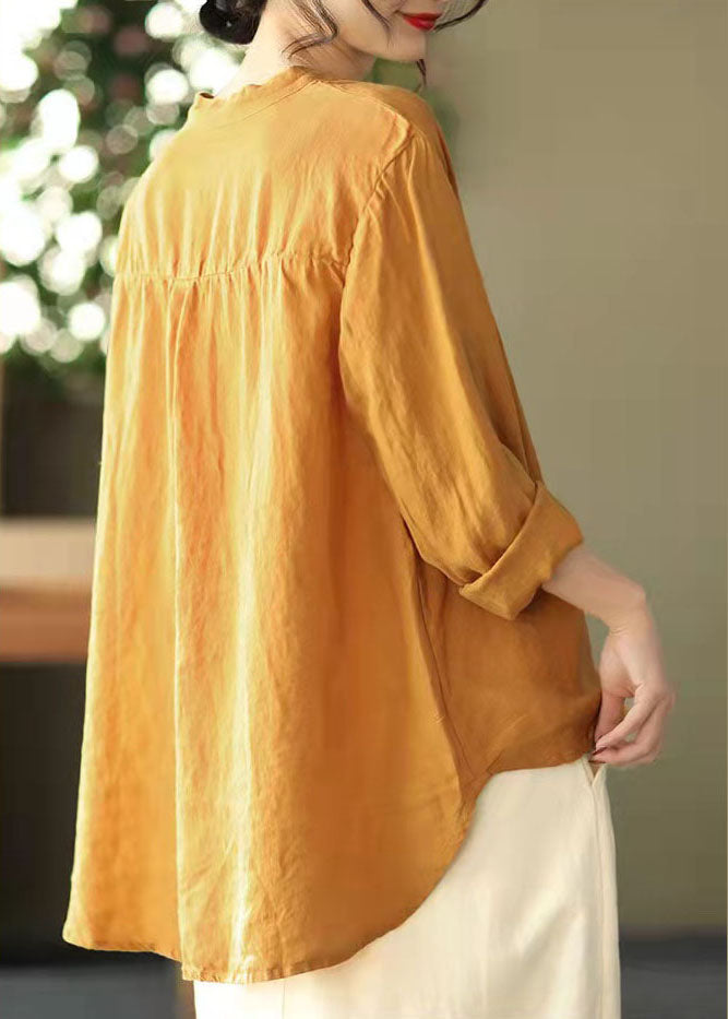 Yellow Button Casual Linen Shirt Tops Stand Collar Long Sleeve