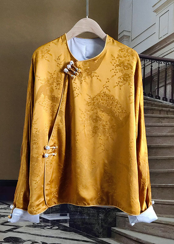 Yellow Button Jacquard Patchwork Silk Shirt O Neck Long Sleeve