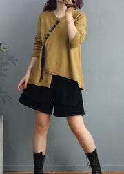 Yellow Button Knitted Tops Cinched Winter