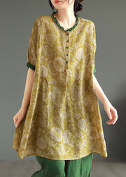 Yellow Button Patchwork Linen Mid Dresses O Neck Half Sleeve