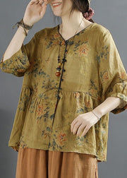 Yellow Button Patchwork Linen Shirts Top V Neck Wrinkled Summer