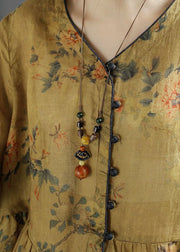 Yellow Button Patchwork Linen Shirts Top V Neck Wrinkled Summer