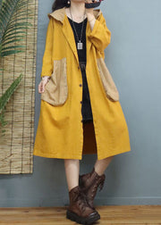 Yellow Button Patchwork Long Cotton Coats Hooded Long Sleeve