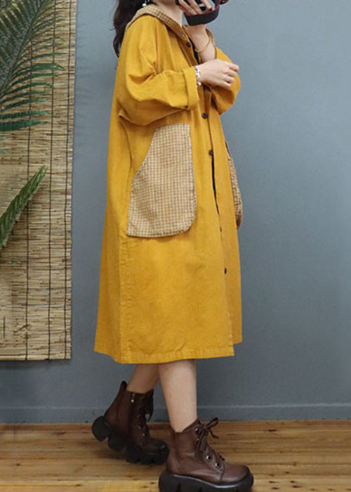 Yellow Button Patchwork Long Cotton Coats Hooded Long Sleeve