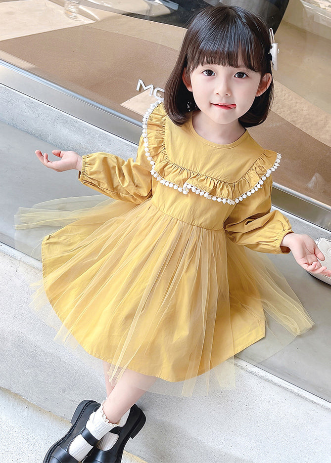 Yellow Button Tulle Patchwork Cotton Kids Girls Dress Long Sleeve