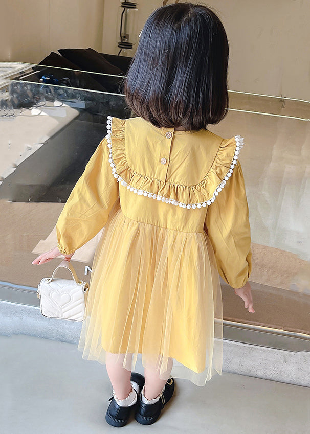 Yellow Button Tulle Patchwork Cotton Kids Girls Dress Long Sleeve