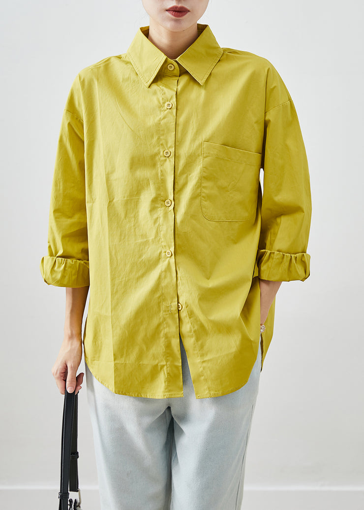 Yellow Cotton Shirt Tops Peter Pan Collar Pocket Fall
