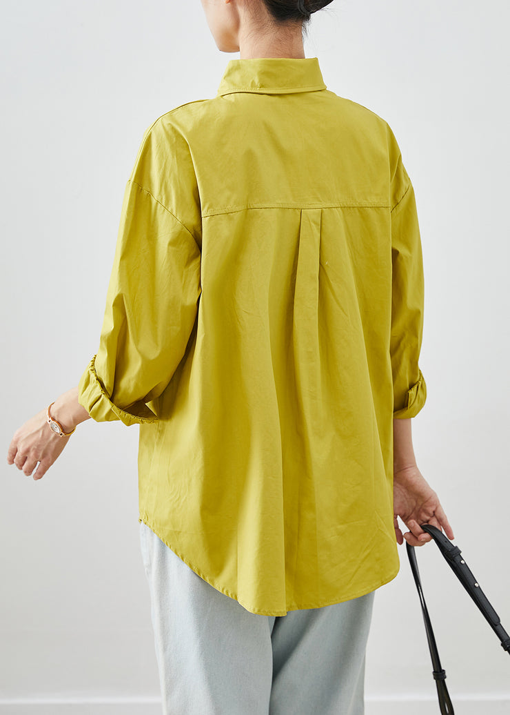 Yellow Cotton Shirt Tops Peter Pan Collar Pocket Fall