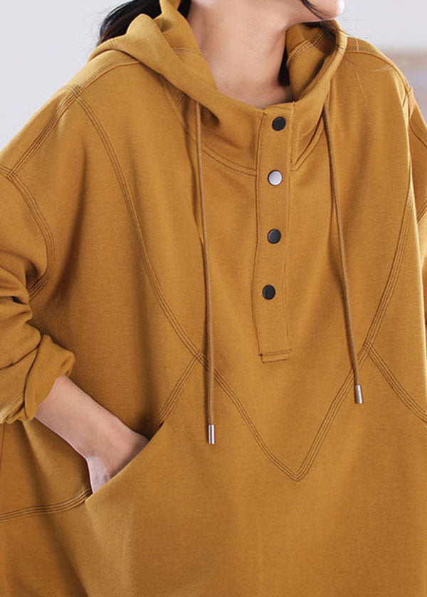 Yellow Cotton Sweatshirts Top Drawstring Button Pockets Long Sleeve