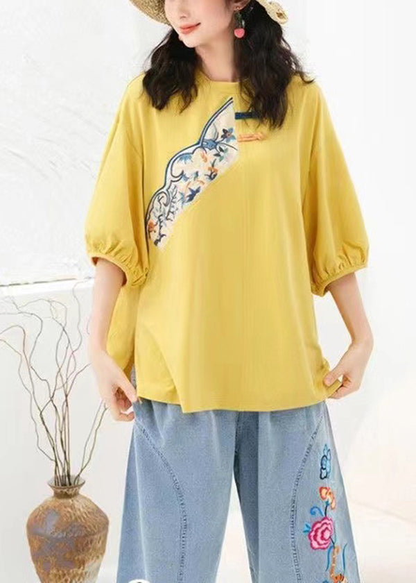 Yellow Cotton T Shirt Top Asymmetrical Embroideried Summer