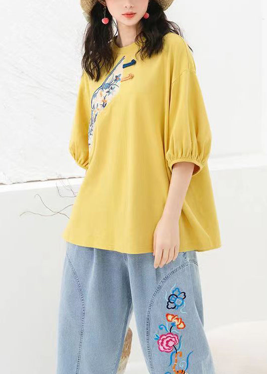 Yellow Cotton T Shirt Top Asymmetrical Embroideried Summer