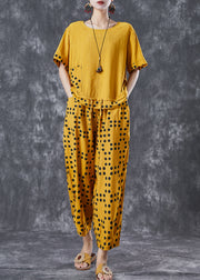 Yellow Dot Cotton Two Piece Suit Set Drawstring Pocket Summer