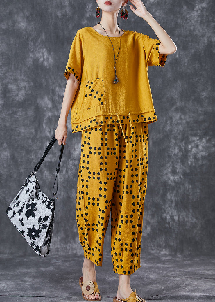 Yellow Dot Cotton Two Piece Suit Set Drawstring Pocket Summer