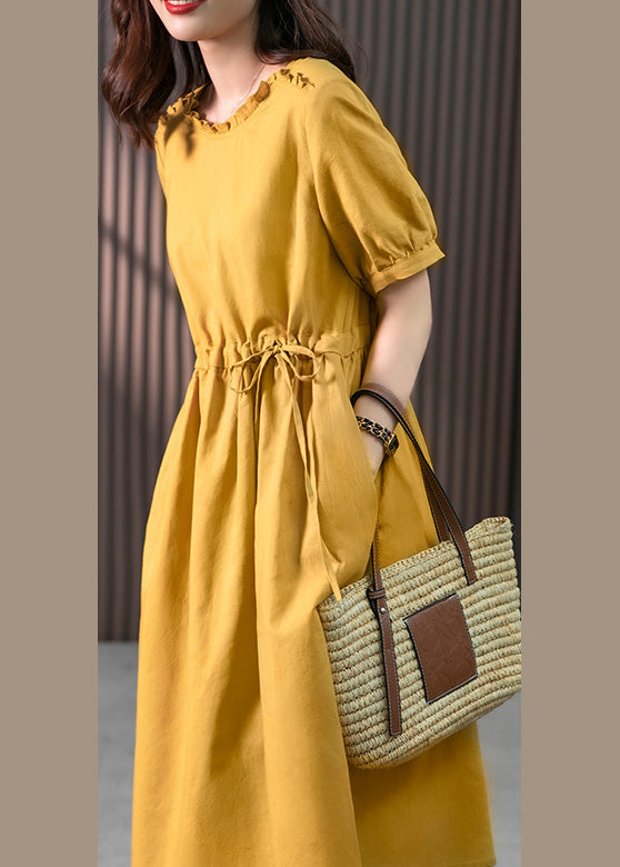 Yellow Drawstring Slim Linen Long Dress Short Sleeve