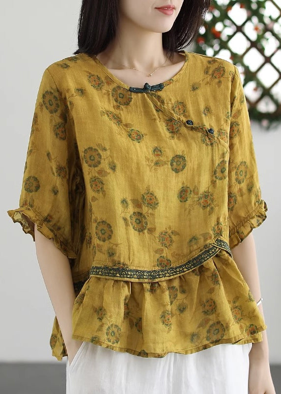 Yellow Embroidered Wrinkled Patchwork Cotton Tops O Neck Summer