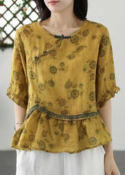 Yellow Embroidered Wrinkled Patchwork Cotton Tops O Neck Summer