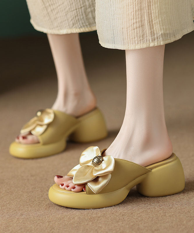 Yellow Faux Leather Boho Bow Splicing Chunky Slide Sandals