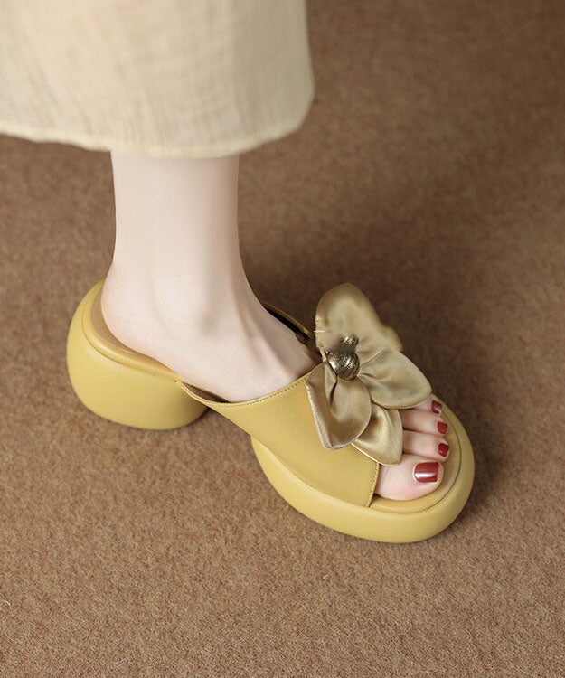 Yellow Faux Leather Boho Bow Splicing Chunky Slide Sandals