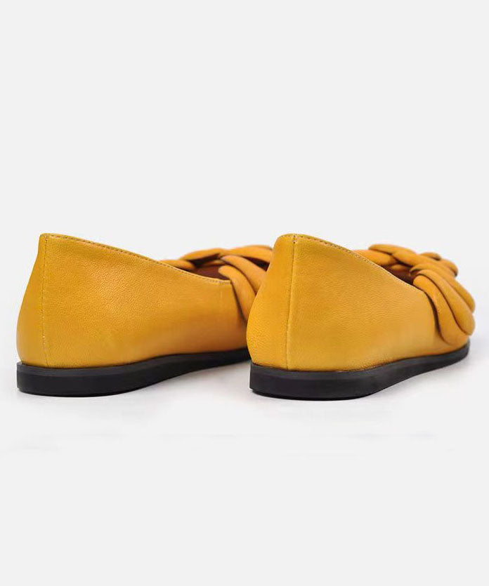 Yellow Floral Cowhide Leather Women Splicing Flat Feet Shoes