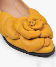 Yellow Floral Cowhide Leather Women Splicing Flat Feet Shoes