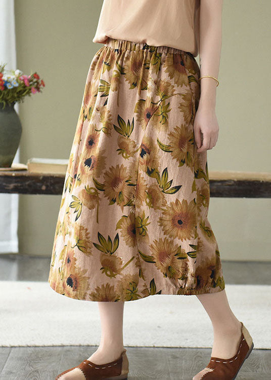 Yellow Floral Print Linen A Line Skirts Pockets Print Summer