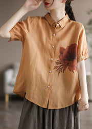 Yellow Floral Print Linen Shirt Tops Patchwork Short Sleeve