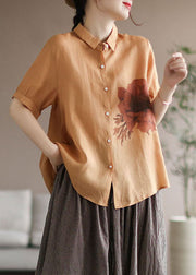 Gelbes Leinenhemd mit Blumendruck und Patchwork-Kurzarm