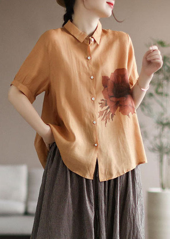 Yellow Floral Print Linen Shirt Tops Patchwork Short Sleeve