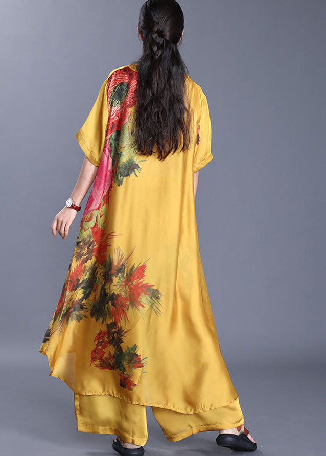 Yellow Floral Print Silk Two Piece Set Asymmetrical Design Short Sleeve