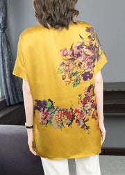 Yellow Floral Print 2022 Chiffon Tanks V Neck Short Sleeve