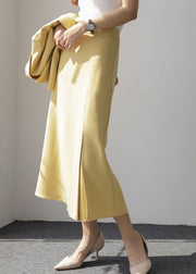 Yellow Front Open Cotton Maxi Skirt Wrinkled Spring