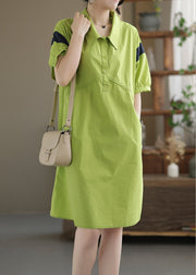 Yellow Green Peter Pan Collar Cotton Mid Dress Short Sleeve