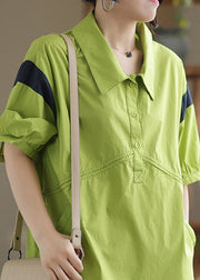 Yellow Green Peter Pan Collar Cotton Mid Dress Short Sleeve