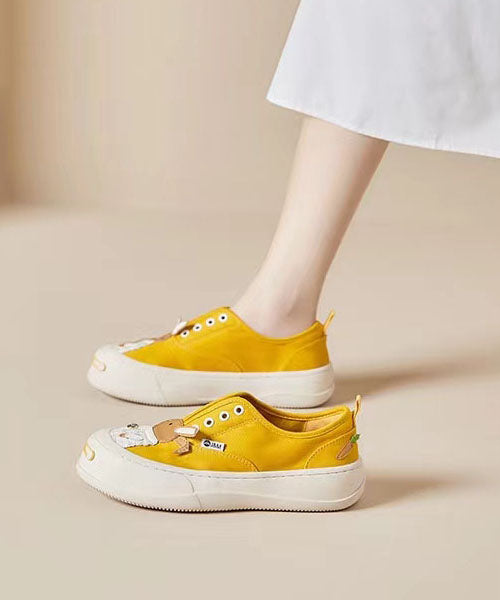 Yellow Handmade Canvas Character Splicing Platform Flat Shoes