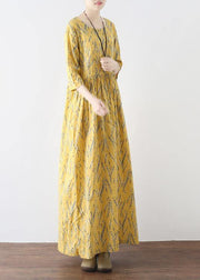 Yellow High Waist Print Loose Half Sleeve Cotton Linen Dress - SooLinen