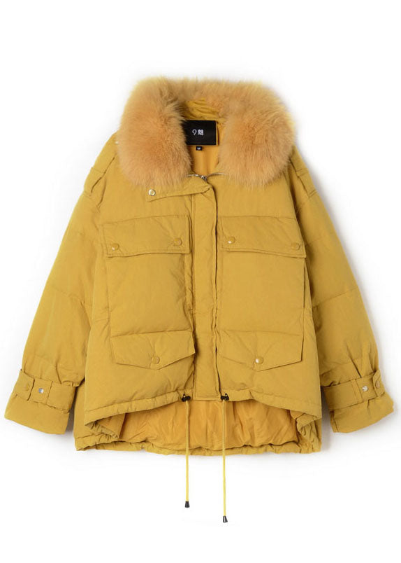 Yellow Hooded Fur collar drawstring Duck Down Puffers Jackets Winter