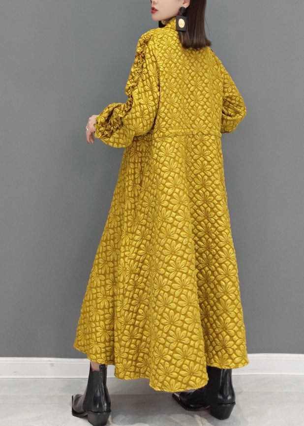 Yellow Jacquard Patchwork Cotton Dresses Ruffled Drawstring Fall