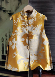 Yellow Jacquard Patchwork Silk Vest Side Open Sleeveless