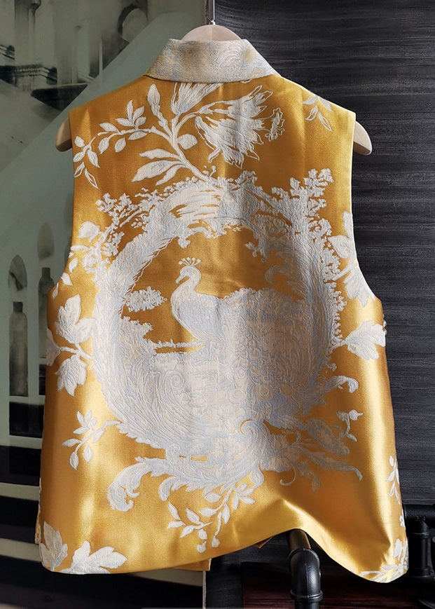 Yellow Jacquard Patchwork Silk Vest Side Open Sleeveless