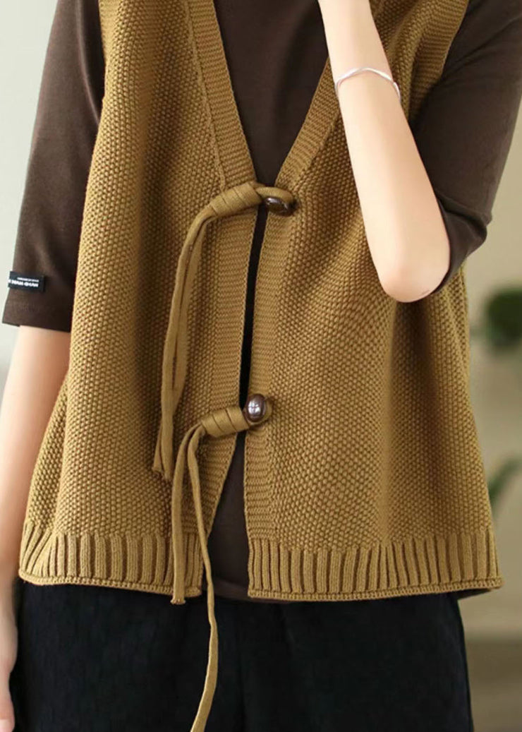 Yellow Knit Vest Tops V Neck Oriental Button Sleeveless