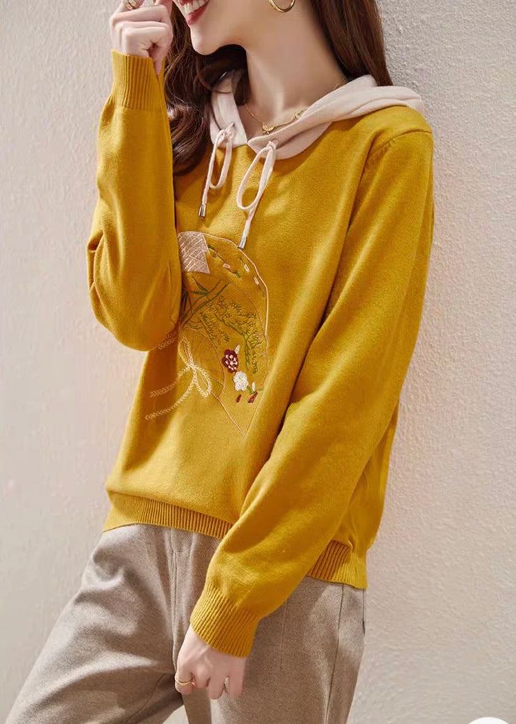 Yellow Lace Up Patchwork Knit Embroidered Long Sleeve