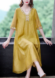 Yellow Linen A Line Dress Embroidered Exra Large Hem Summer