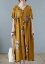Yellow Loose Holiday Dresses Button Short Sleeve