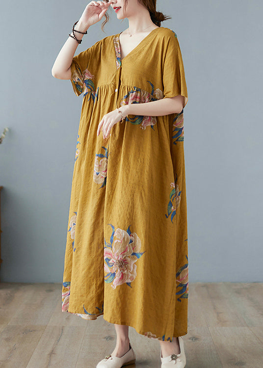 Yellow Loose Holiday Dresses Button Short Sleeve